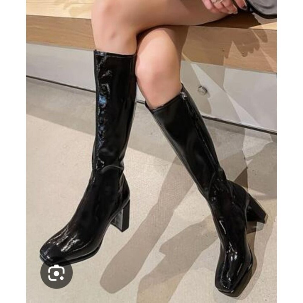 Comfort Est. 1946 Glossy Black Patent Knee-High Boots Block Heel‎ US 9 Wide Fit